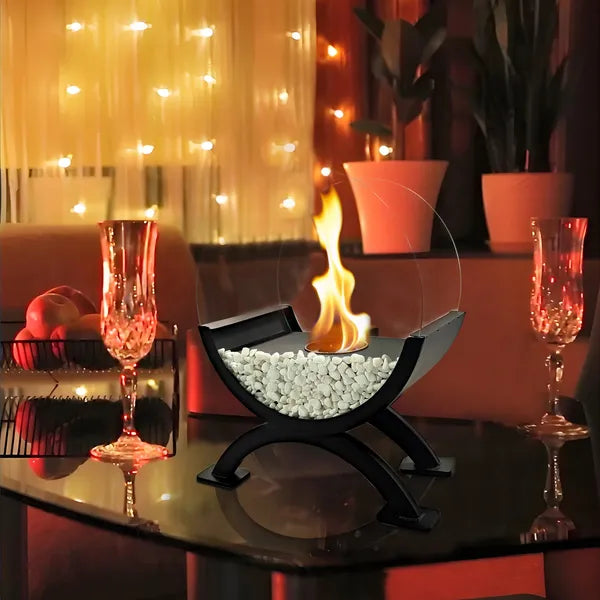 Round Glass Large Tabletop Fireplace 12.5 Inch H Portable Fire Bowl Pot Clean Burning Fireplace For Indoor Outdoor Patio Parties Events Black