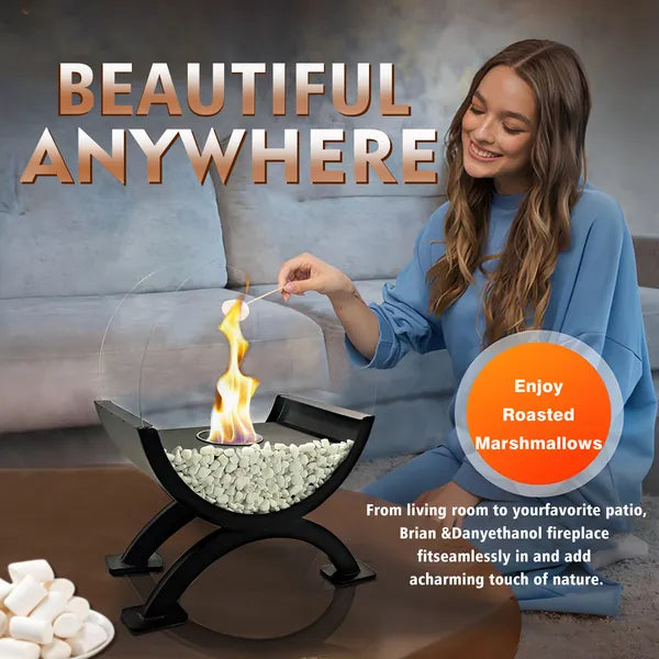 Round Glass Large Tabletop Fireplace 12.5 Inch H Portable Fire Bowl Pot Clean Burning Fireplace For Indoor Outdoor Patio Parties Events Black