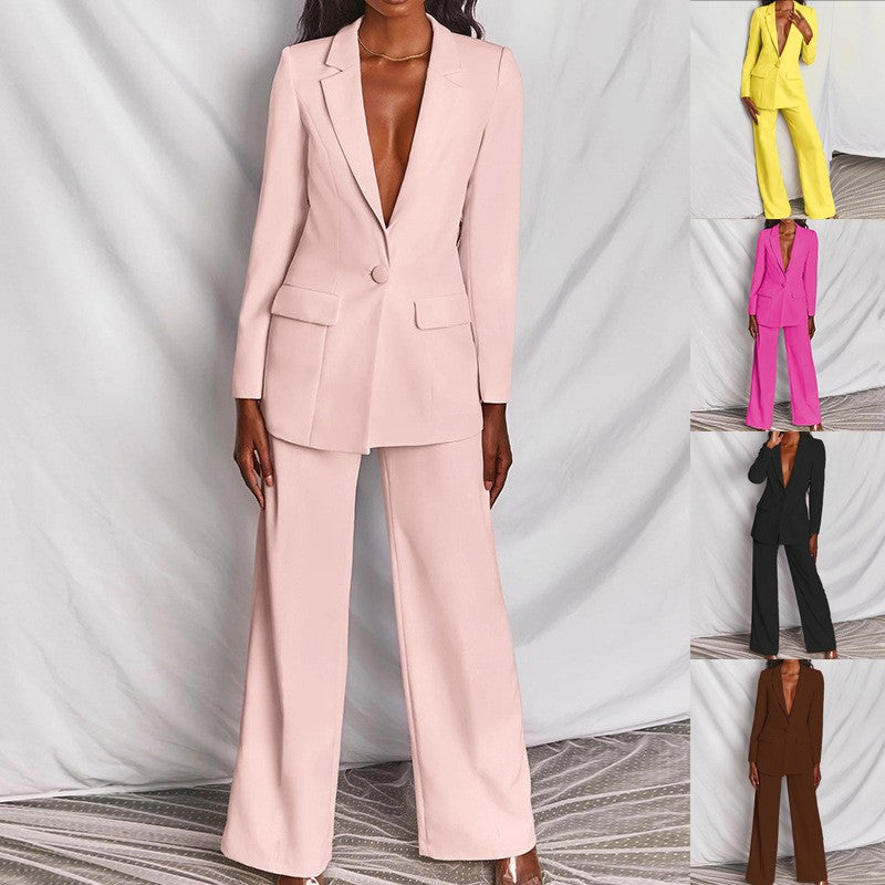 2pcs Casual Suit Lapel Button-down Blazer Jacket And Straight-leg Pants Office Commuting Business Trousers Set Clothing