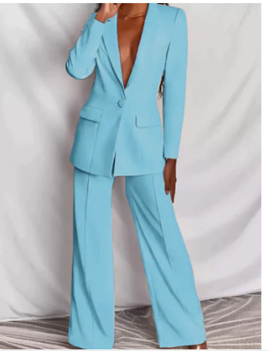 2pcs Casual Suit Lapel Button-down Blazer Jacket And Straight-leg Pants Office Commuting Business Trousers Set Clothing
