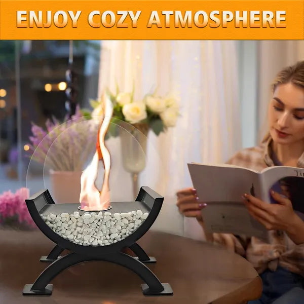 Round Glass Large Tabletop Fireplace 12.5 Inch H Portable Fire Bowl Pot Clean Burning Fireplace For Indoor Outdoor Patio Parties Events Black